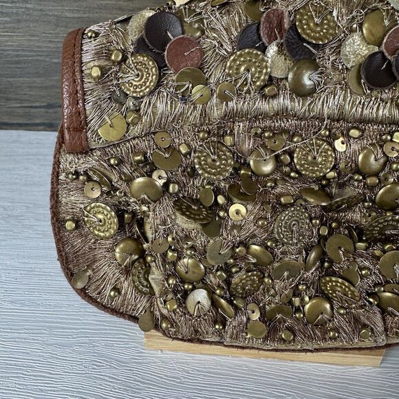 Anthropologie Lucky Penny Beaded Bag Gold Sequin Wristlet Clutch Coin Mini - Picture 6 of 10